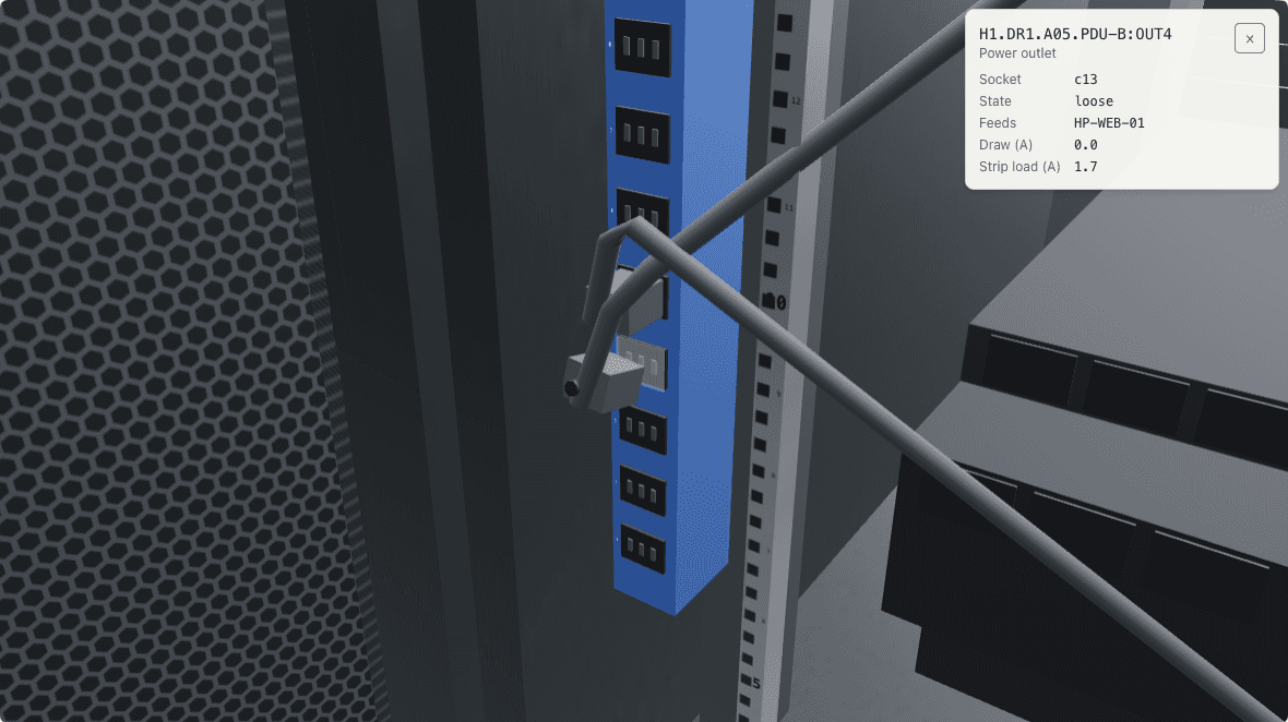 The rear of rack A05, docked at power strip PDU-B: the power cord in outlet 4 hangs loose from its socket, the outlet's sheet beside it reads loose.