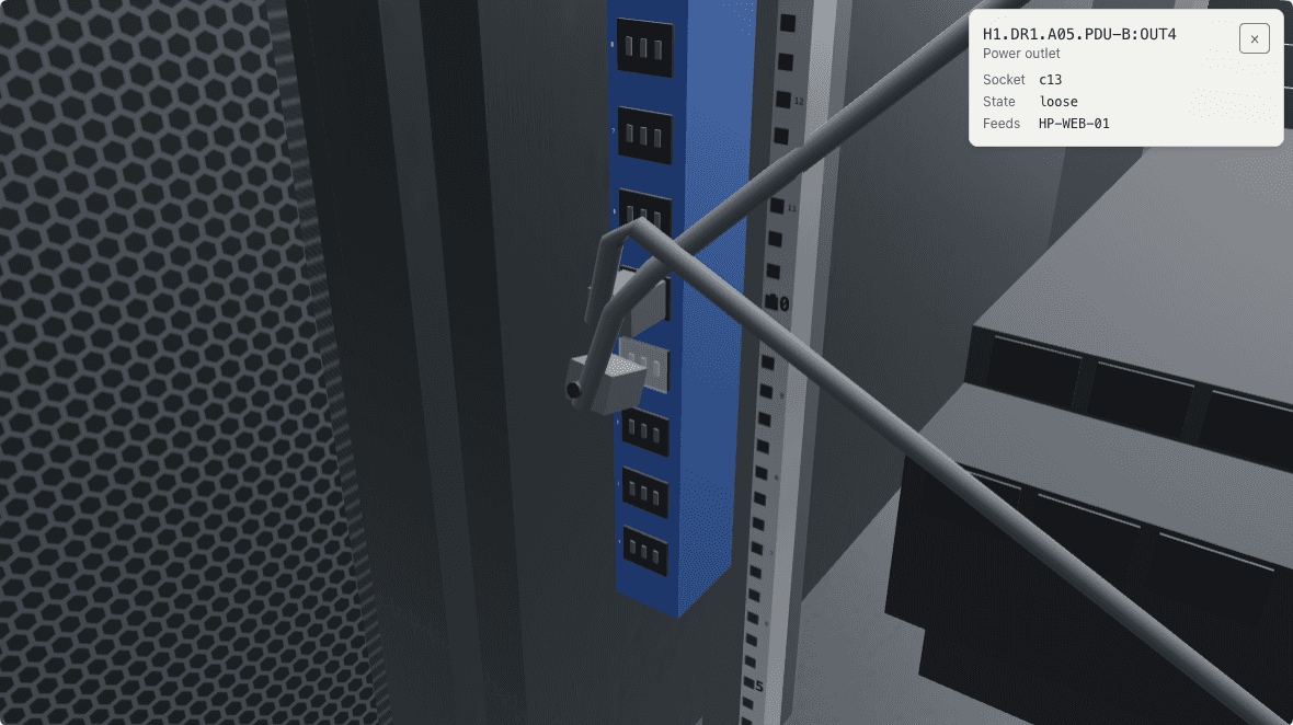 The rear of rack A05, docked at power strip PDU-B: the power cord in outlet 4 hangs loose from its socket, the outlet's sheet beside it reads loose.